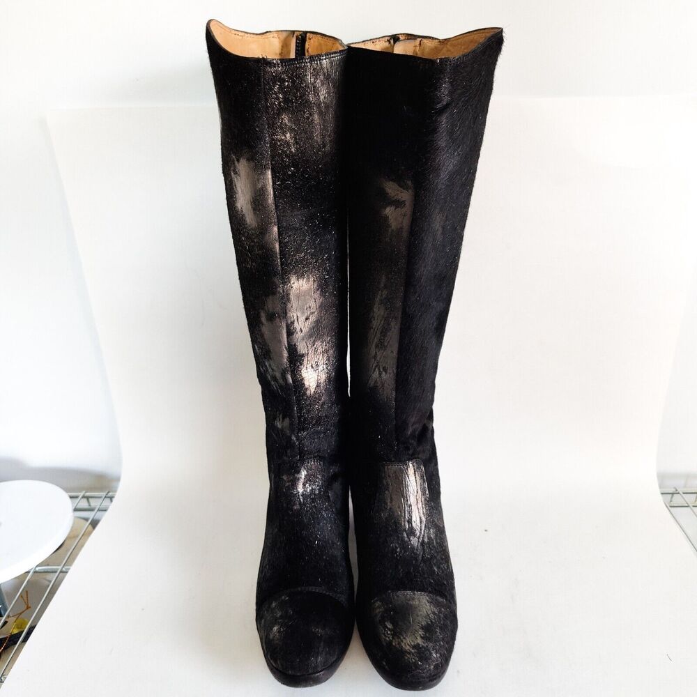 Frye Black‎ Pewter Metallic Leather Calf Hair Size 6 Knee High Tall Riding Boots - Picture 10 of 13